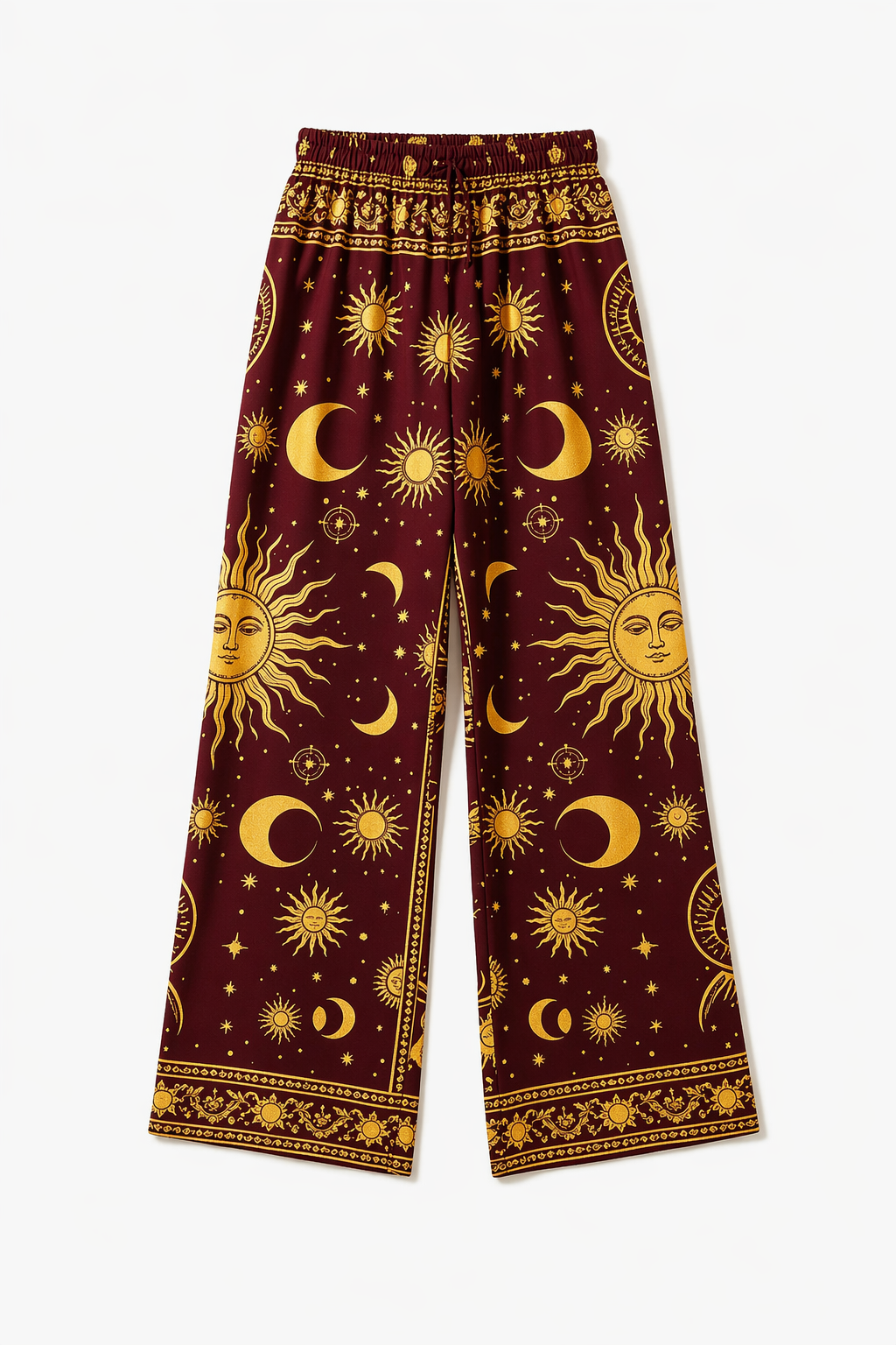 Women Celestial Sun Moon Print Wide Leg Palazzo Pants Elastic Drawstring Waist, Loose Flowy Fit