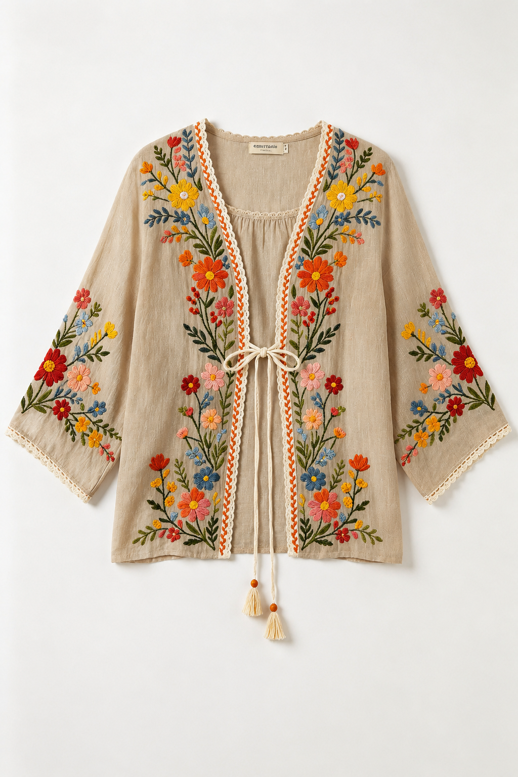 Women Floral Embroidery Tie Front Kimono Cardigan Loose Bohemian Relaxed Fit, Lightweight Woven Fabric
