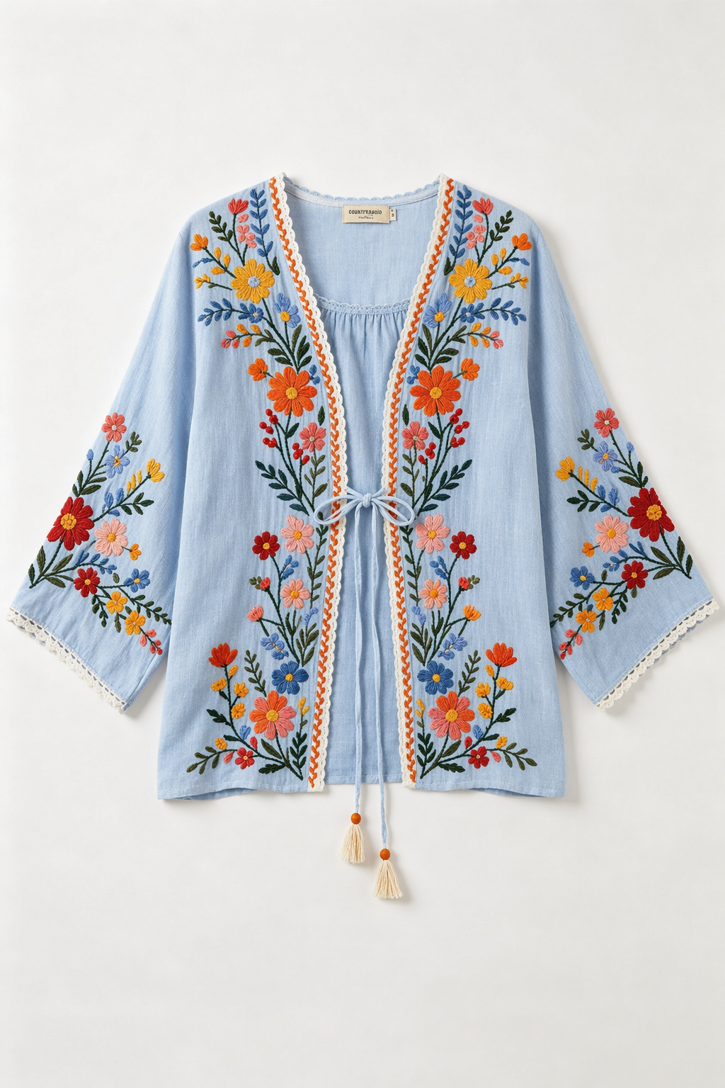 Women Floral Embroidery Tie Front Kimono Cardigan Loose Bohemian Relaxed Fit, Lightweight Woven Fabric