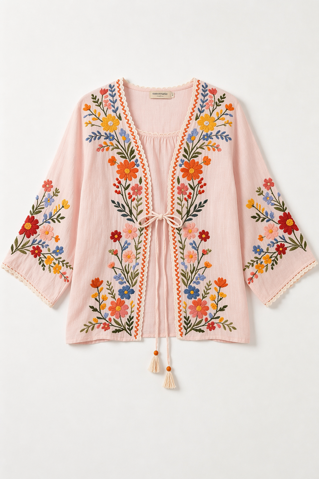 Women Floral Embroidery Tie Front Kimono Cardigan Loose Bohemian Relaxed Fit, Lightweight Woven Fabric