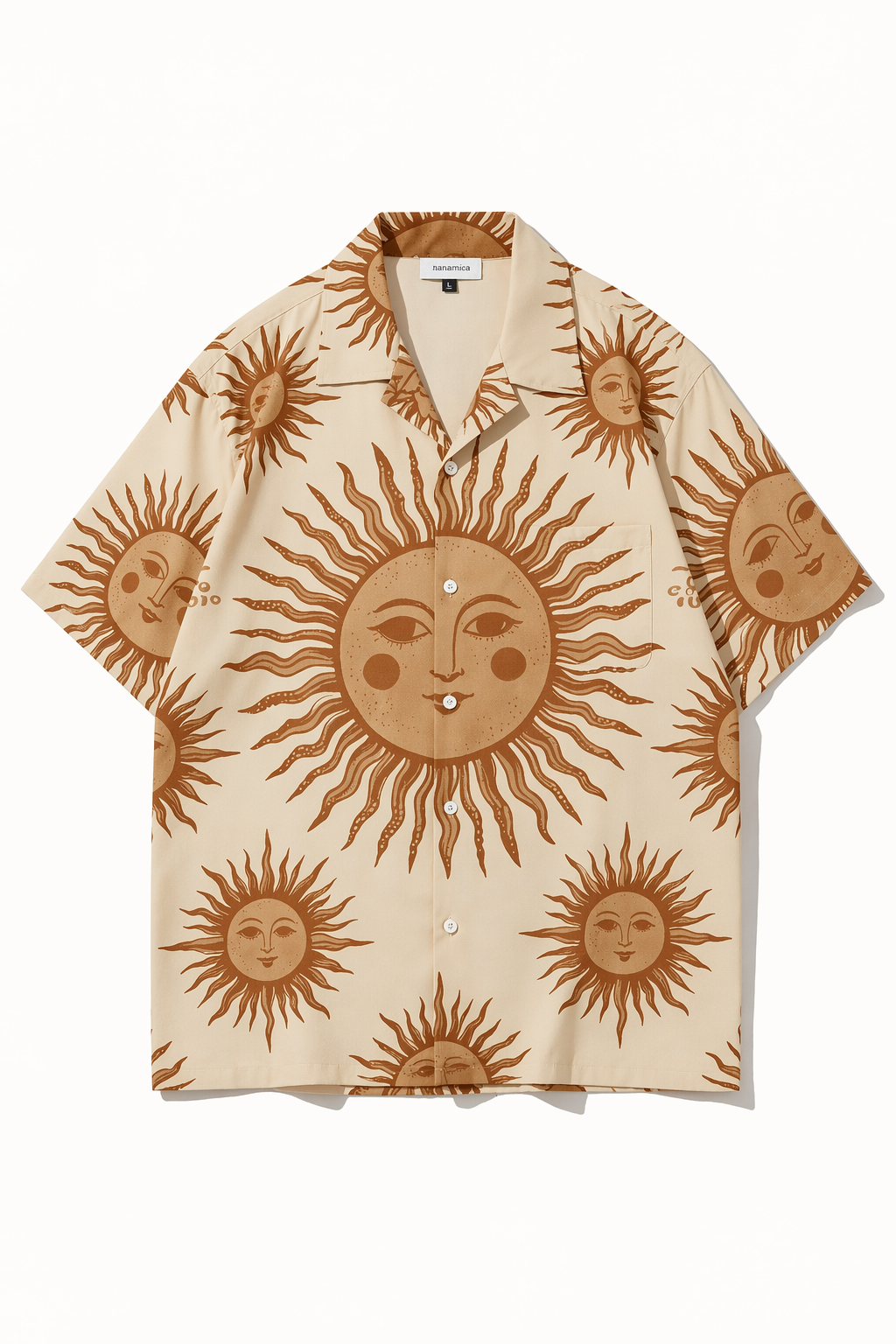 Unisex Celestial Sun Face Print Camp Collar Short Sleeve Shirt Relaxed Hawaiian Loose Fit, Wrinkle-resistant Lightweight Woven Fabric
