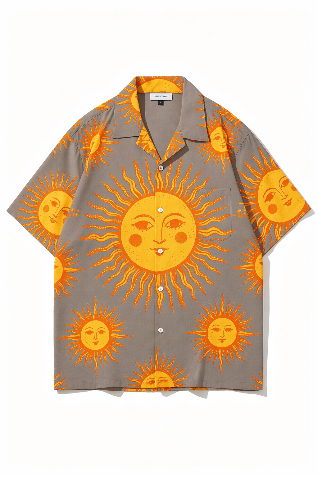 Unisex Celestial Sun Face Print Camp Collar Short Sleeve Shirt Relaxed Hawaiian Loose Fit, Wrinkle-resistant Lightweight Woven Fabric