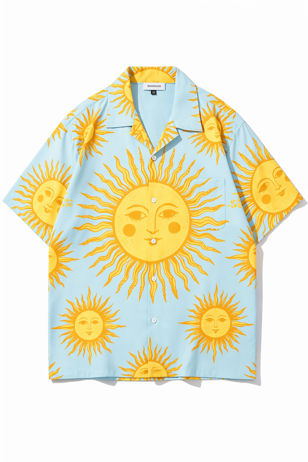 Unisex Celestial Sun Face Print Camp Collar Short Sleeve Shirt Relaxed Hawaiian Loose Fit, Wrinkle-resistant Lightweight Woven Fabric