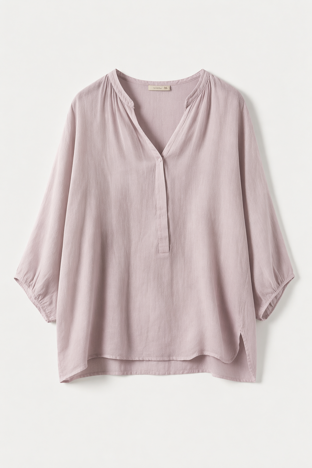 Off White Dusty Purple Dusty Blue Khaki Beige Half Placket V Neck 3/4 Puff Sleeve Linen Blend Blouse, Casual Loose Top