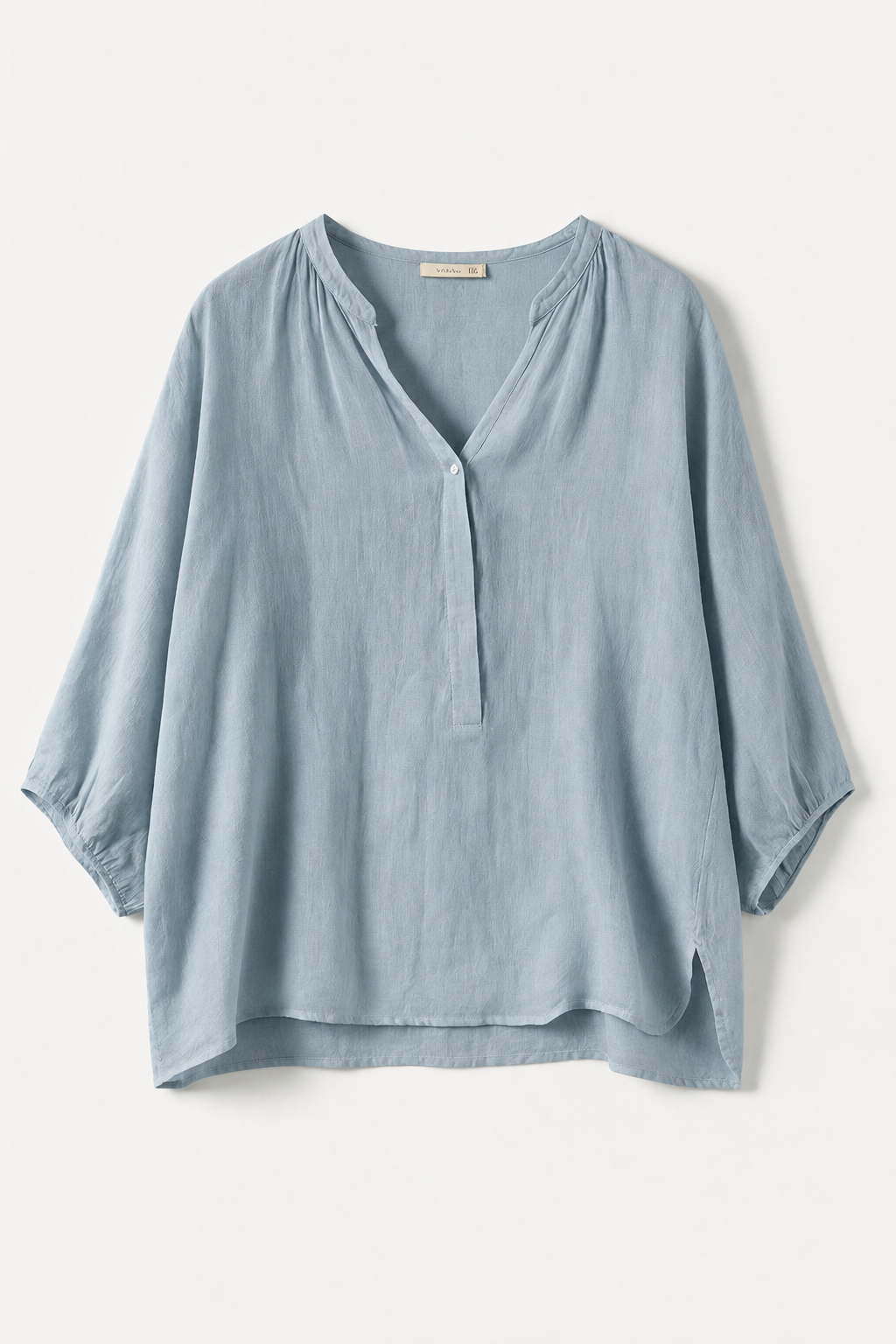 Off White Dusty Purple Dusty Blue Khaki Beige Half Placket V Neck 3/4 Puff Sleeve Linen Blend Blouse, Casual Loose Top