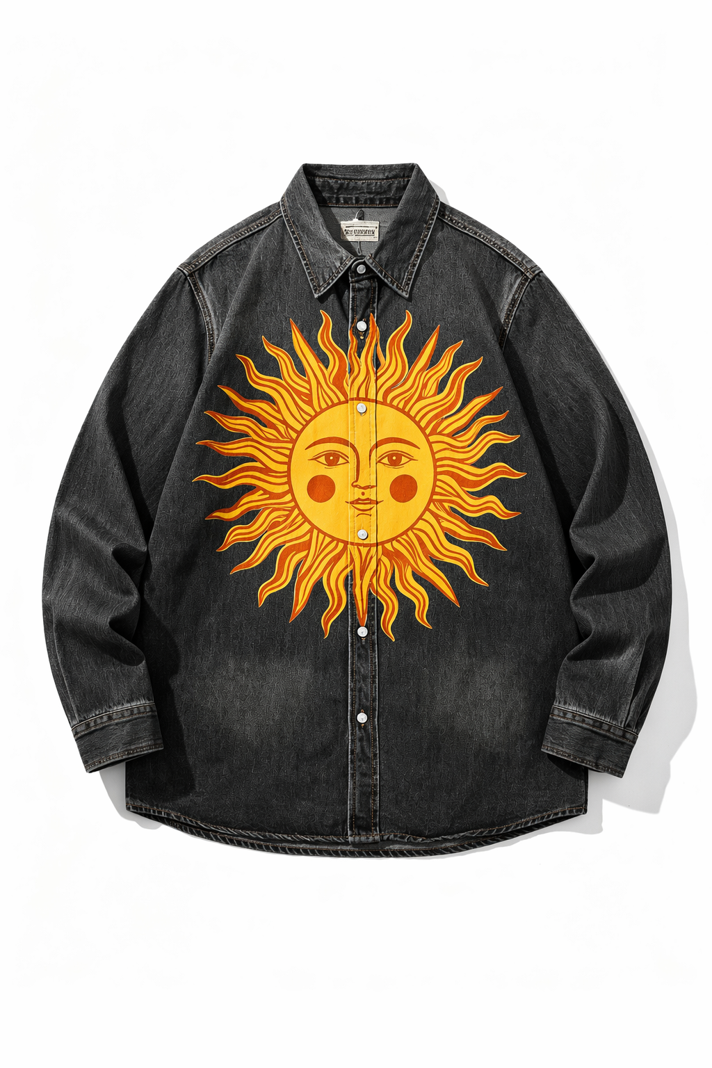 Medium Washed Blue Black Pale Light Blue Grey Gradient Deep Vintage Blue Sand Khaki Wash Celestial Sun Face Print Unisex Long Sleeve Denim Shirt