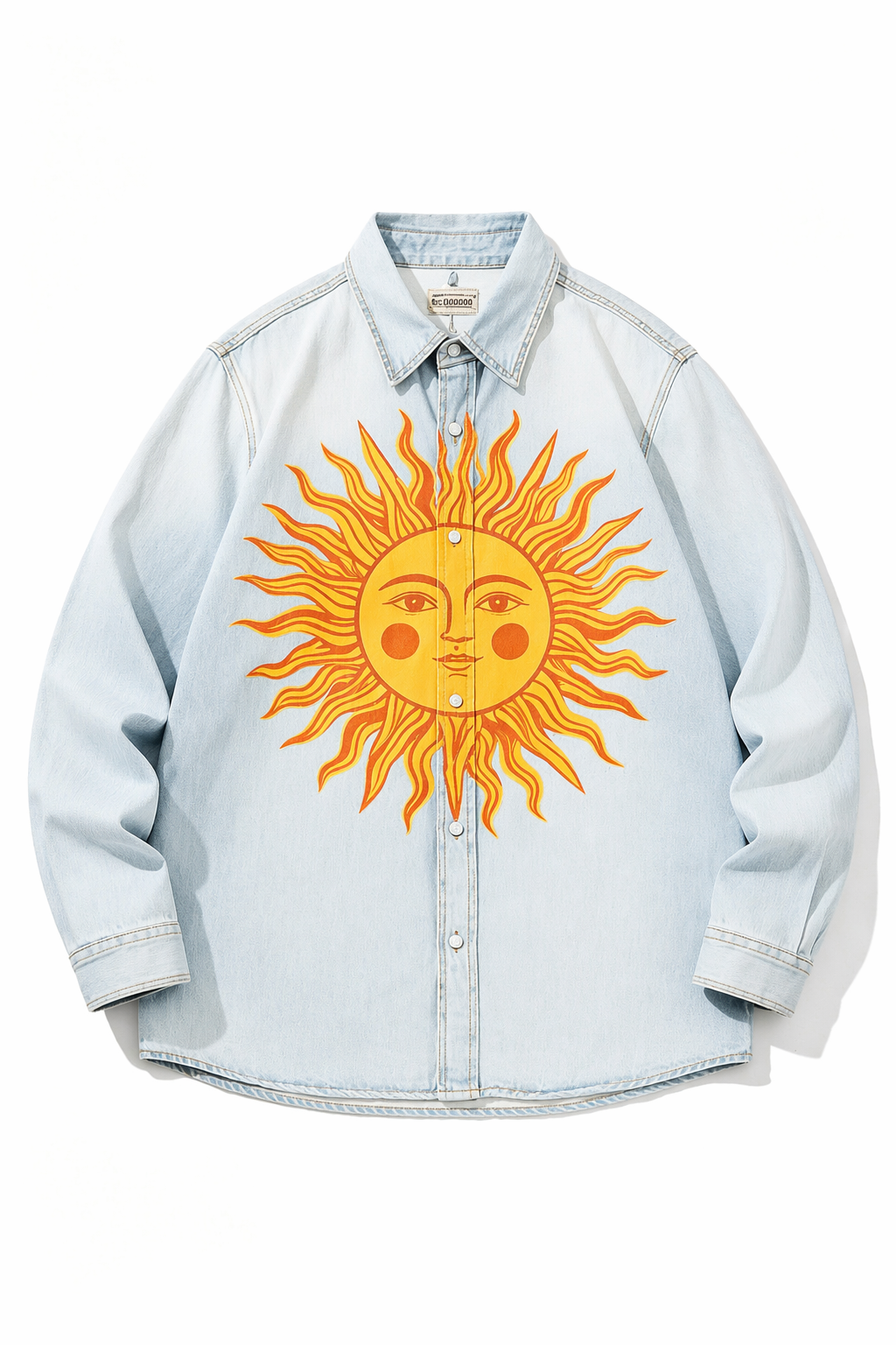 Medium Washed Blue Black Pale Light Blue Grey Gradient Deep Vintage Blue Sand Khaki Wash Celestial Sun Face Print Unisex Long Sleeve Denim Shirt