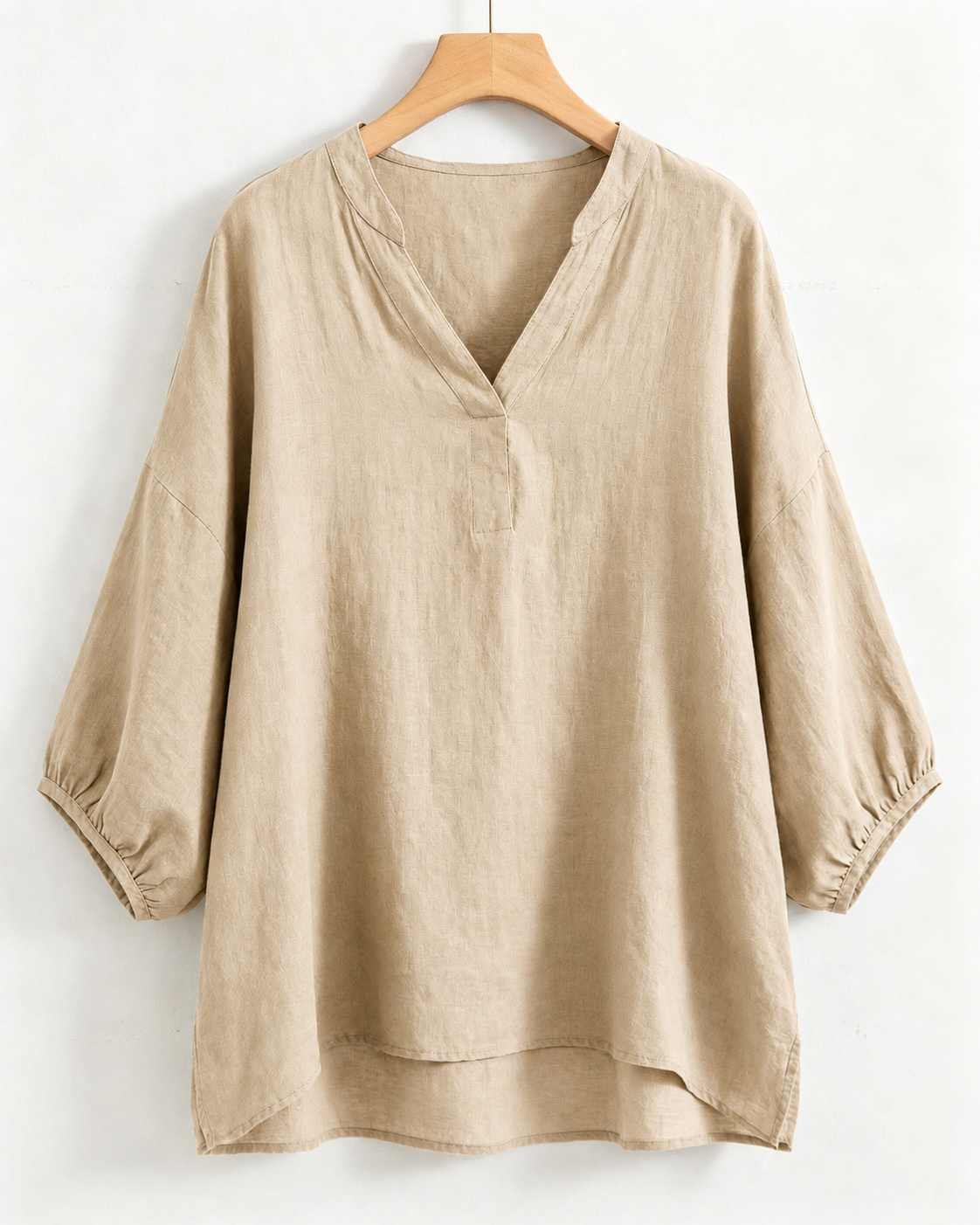 Olive Green Light Khaki Dusty Slate Blue Natural Off White V Neck Drop Shoulder Puff Sleeve Linen Blend Blouse