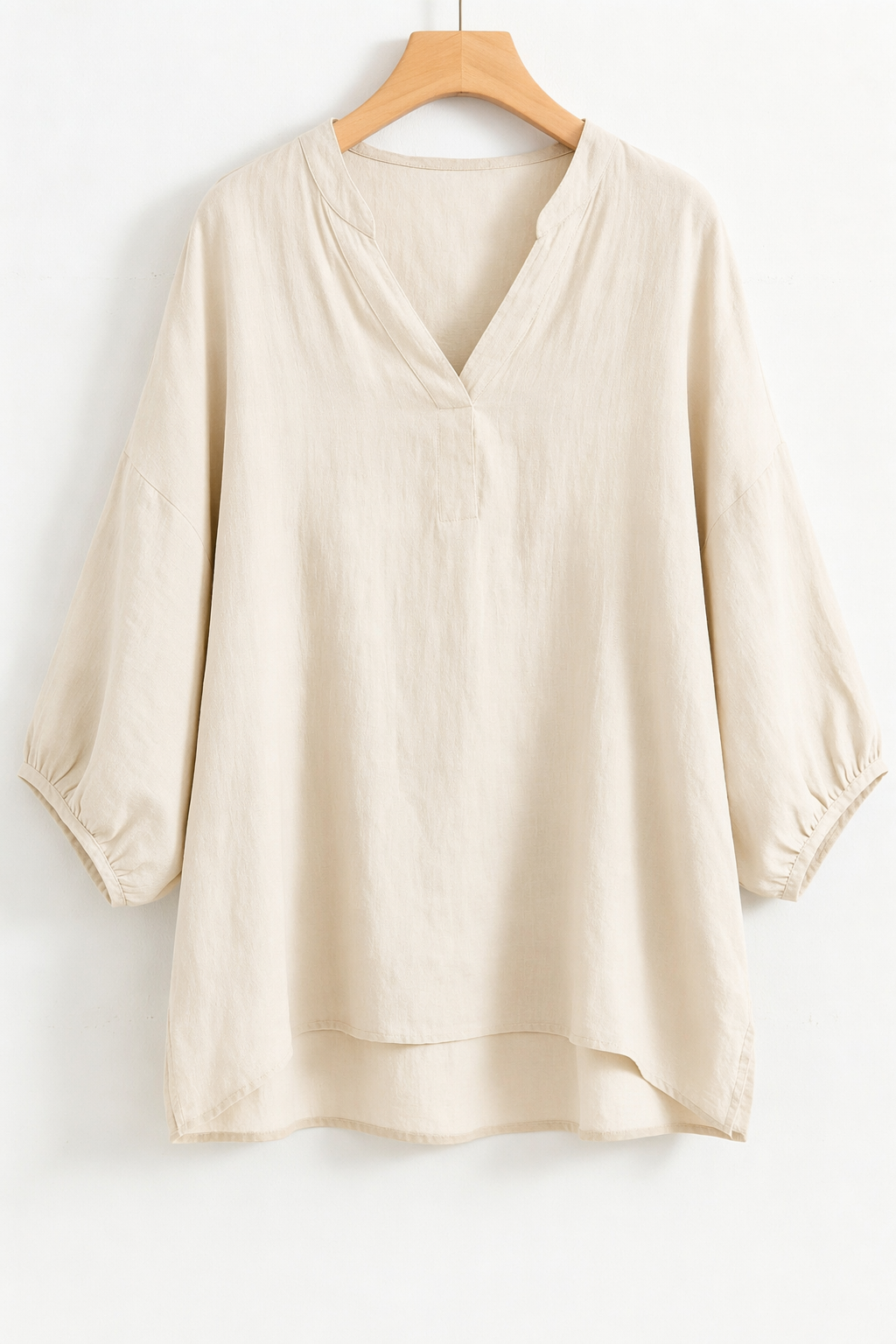 Olive Green Light Khaki Dusty Slate Blue Natural Off White V Neck Drop Shoulder Puff Sleeve Linen Blend Blouse