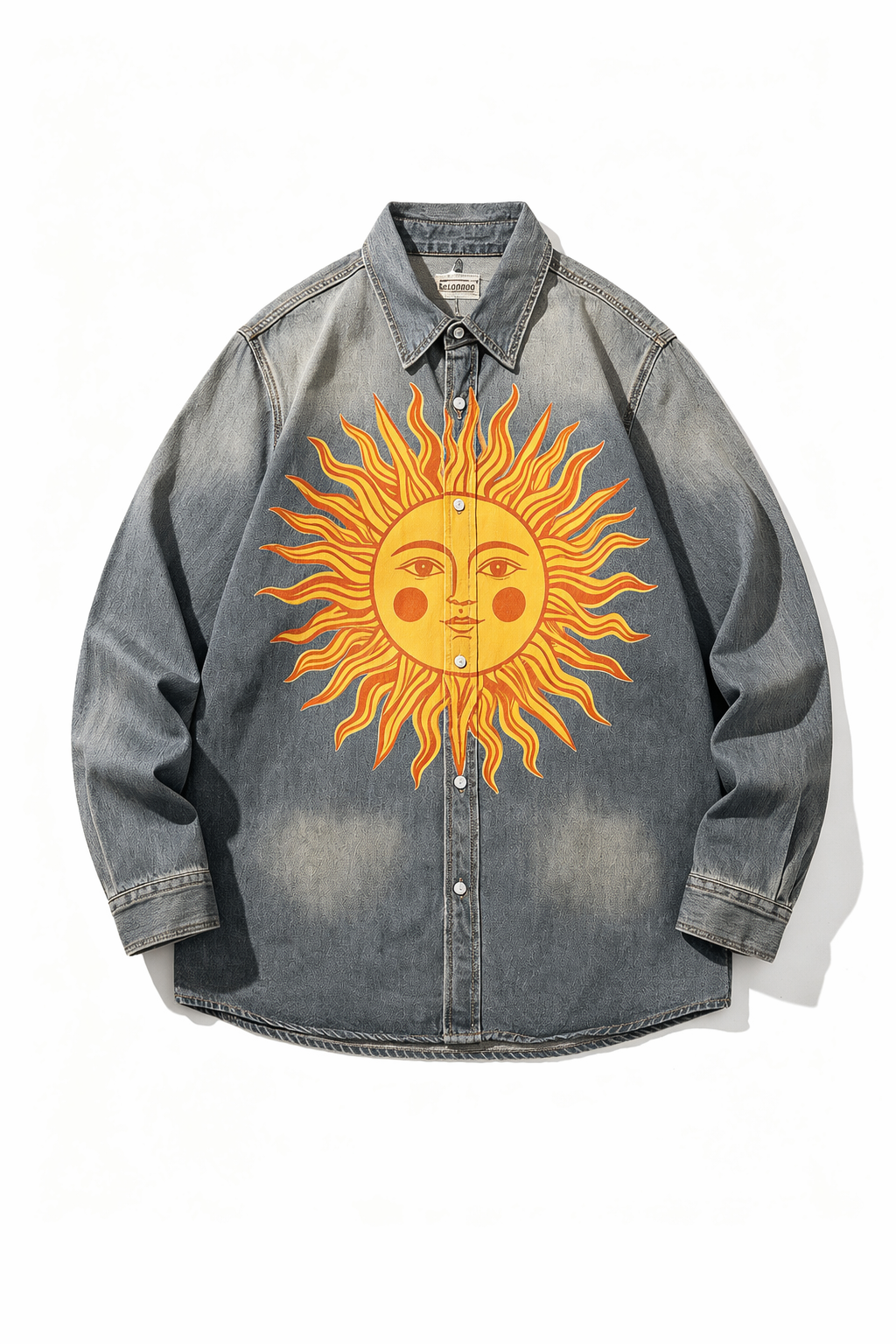 Medium Washed Blue Black Pale Light Blue Grey Gradient Deep Vintage Blue Sand Khaki Wash Celestial Sun Face Print Unisex Long Sleeve Denim Shirt