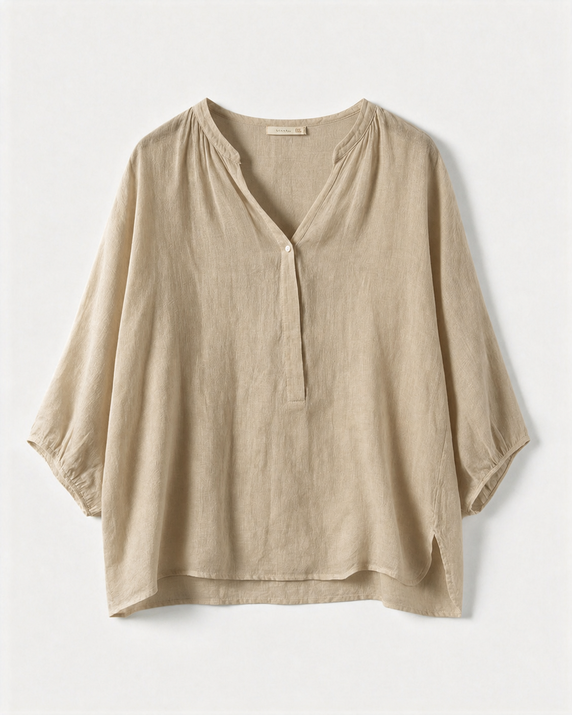 Off White Dusty Purple Dusty Blue Khaki Beige Half Placket V Neck 3/4 Puff Sleeve Linen Blend Blouse, Casual Loose Top