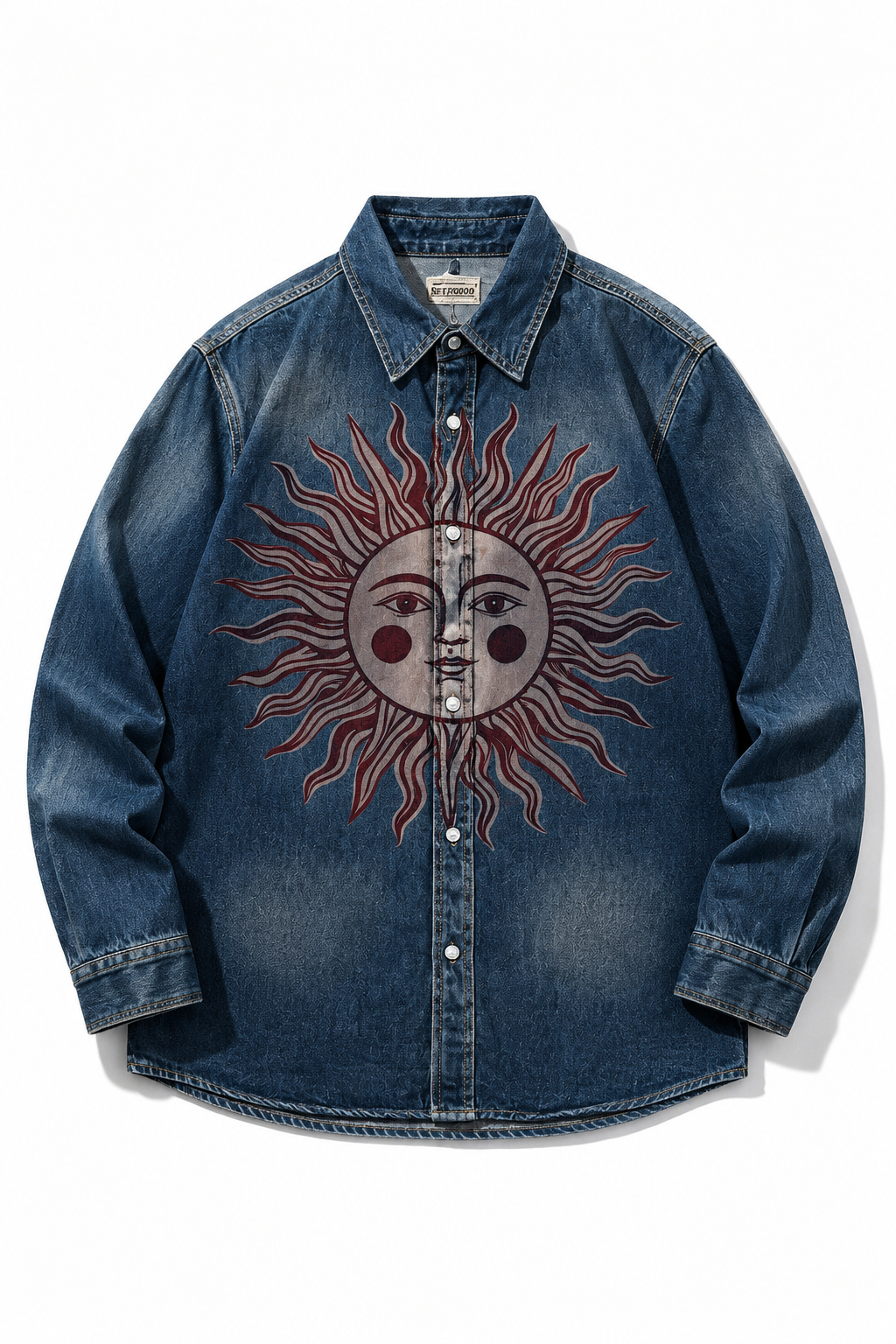 Medium Washed Blue Black Pale Light Blue Grey Gradient Deep Vintage Blue Sand Khaki Wash Celestial Sun Face Print Unisex Long Sleeve Denim Shirt