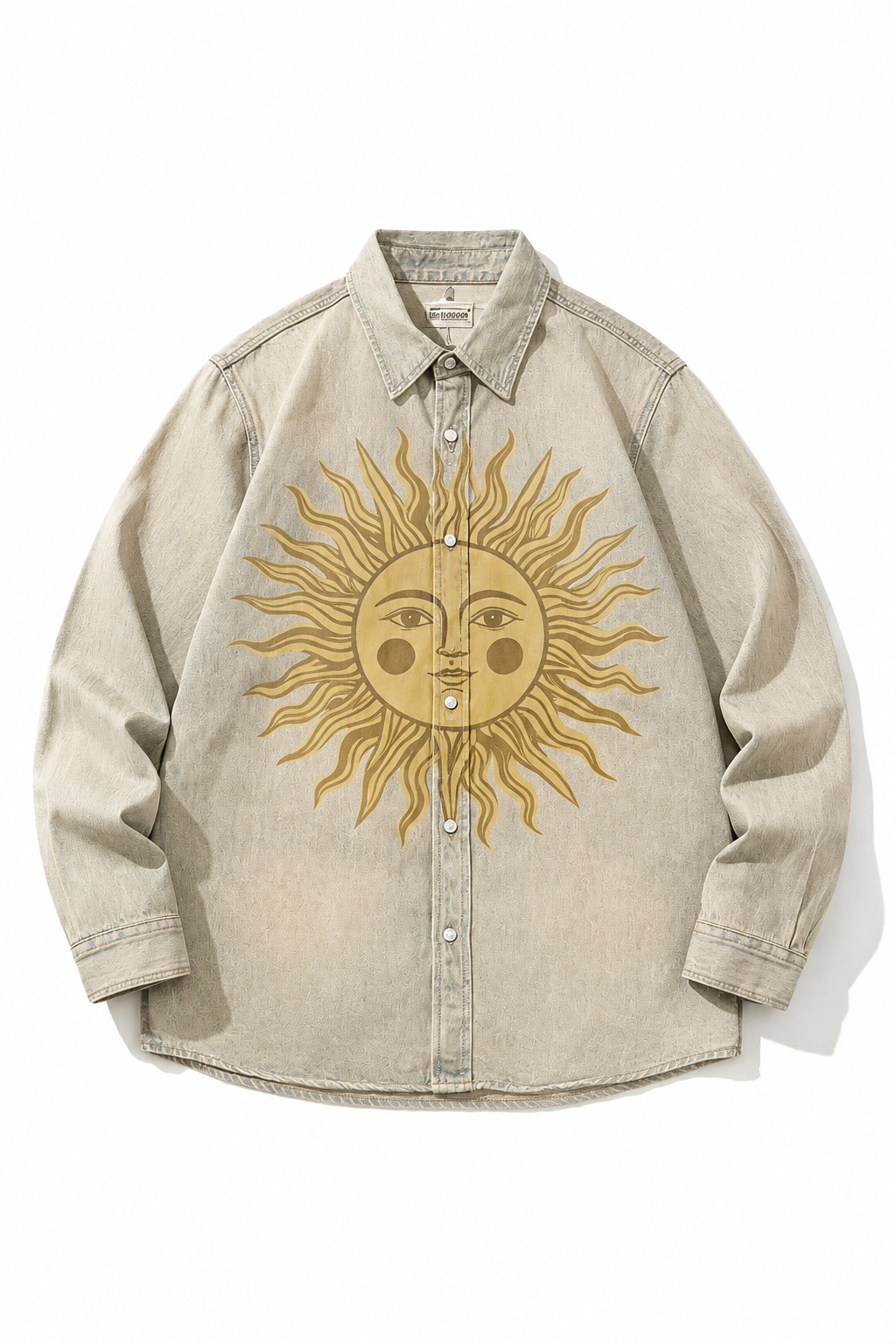 Medium Washed Blue Black Pale Light Blue Grey Gradient Deep Vintage Blue Sand Khaki Wash Celestial Sun Face Print Unisex Long Sleeve Denim Shirt