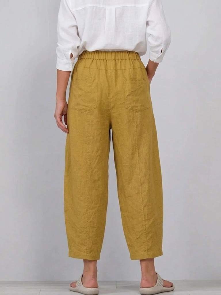 Casual Elastic-waist Linen And Cotton Trousers