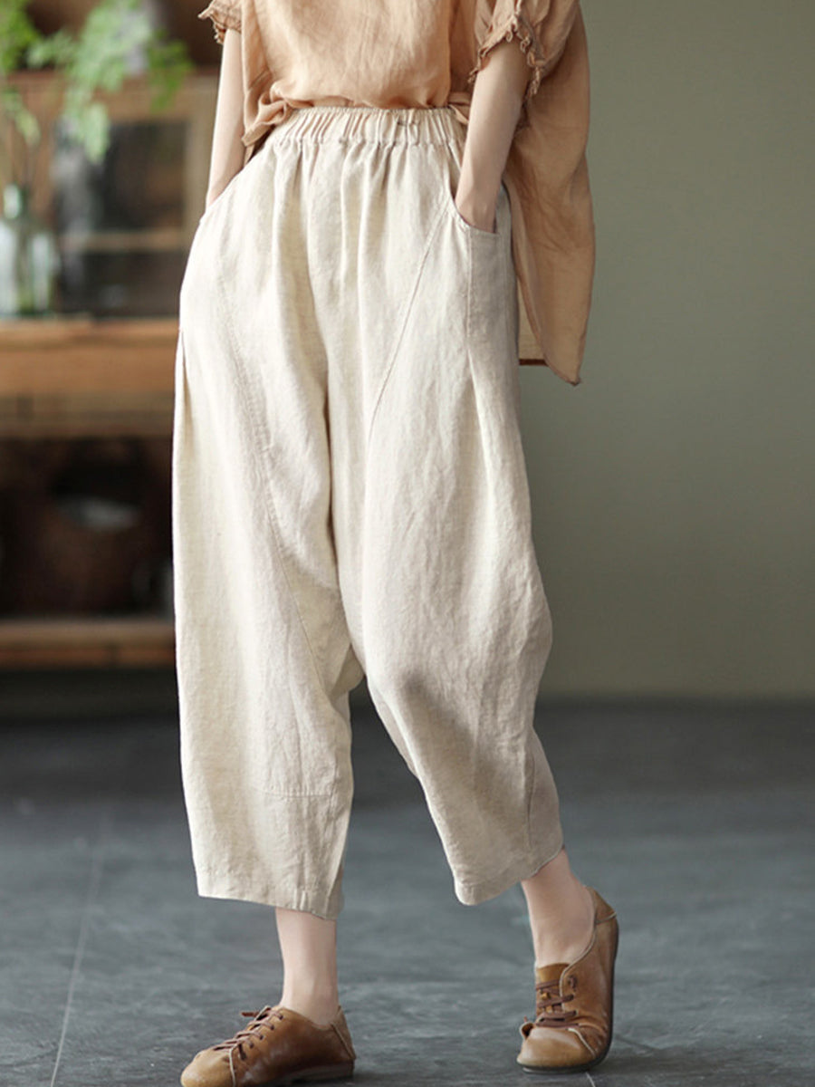 Casual Elastic-waist Linen And Cotton Trousers