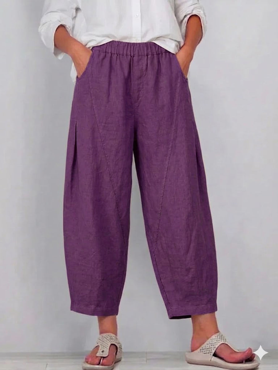 Casual Elastic-waist Linen And Cotton Trousers