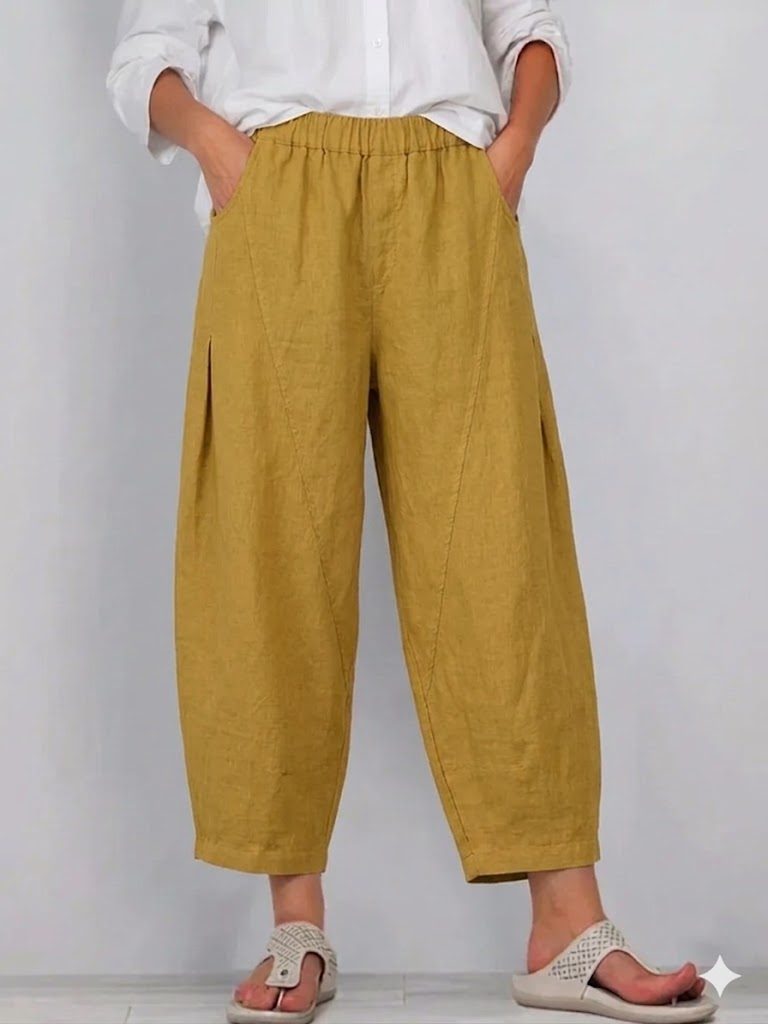 Casual Elastic-waist Linen And Cotton Trousers