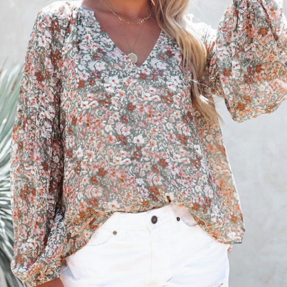 Floral Print Lantern Sleeves Shirt