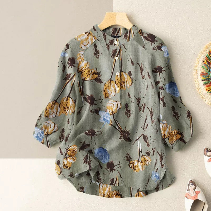 Flower Print Lantern Sleeve Mandarin Collar Blouse