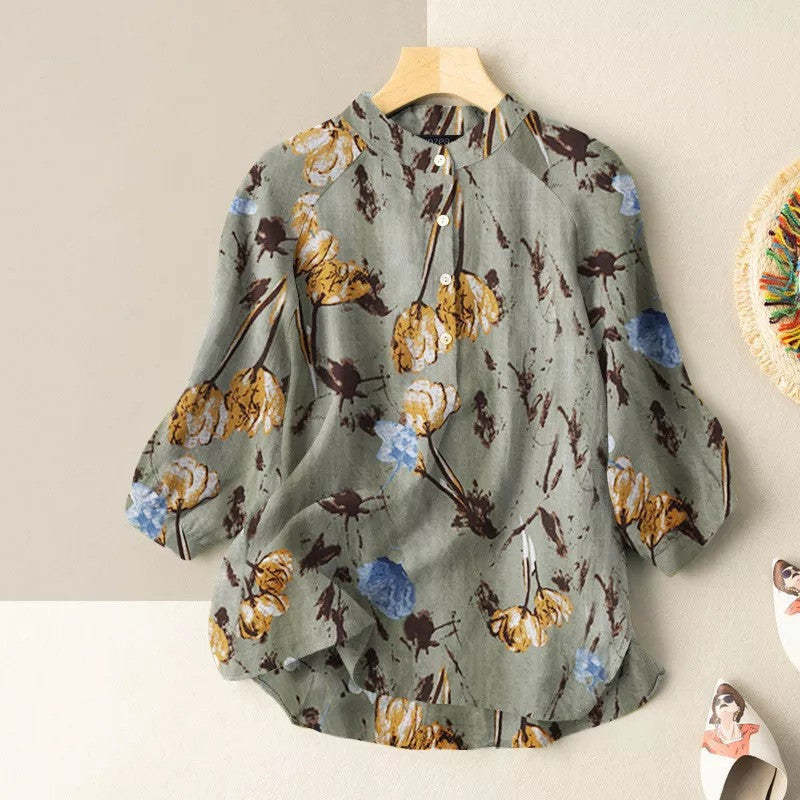 Flower Print Lantern Sleeve Mandarin Collar Blouse