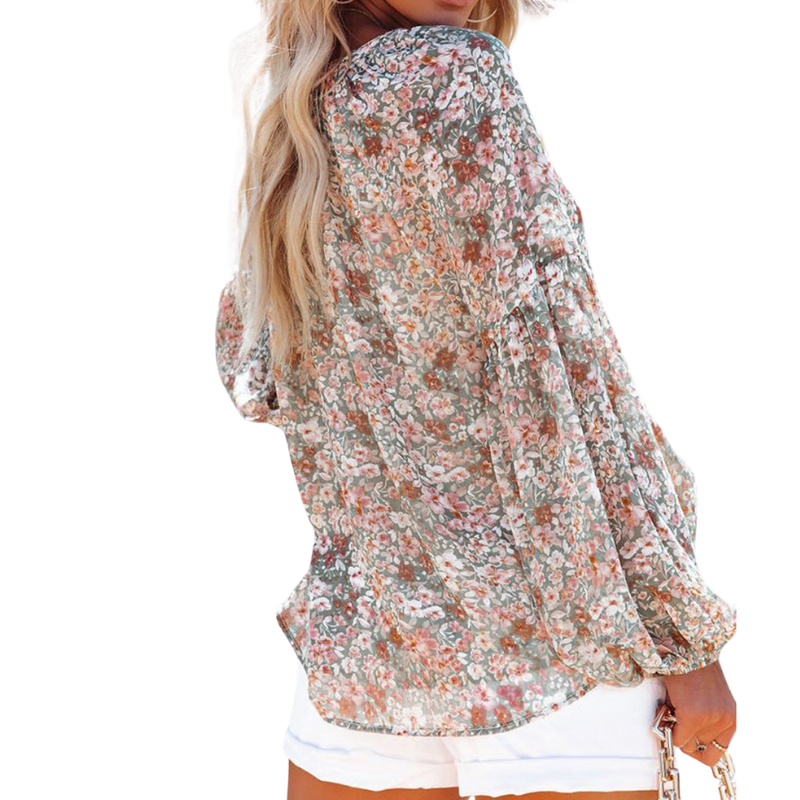 Floral Print Lantern Sleeves Shirt