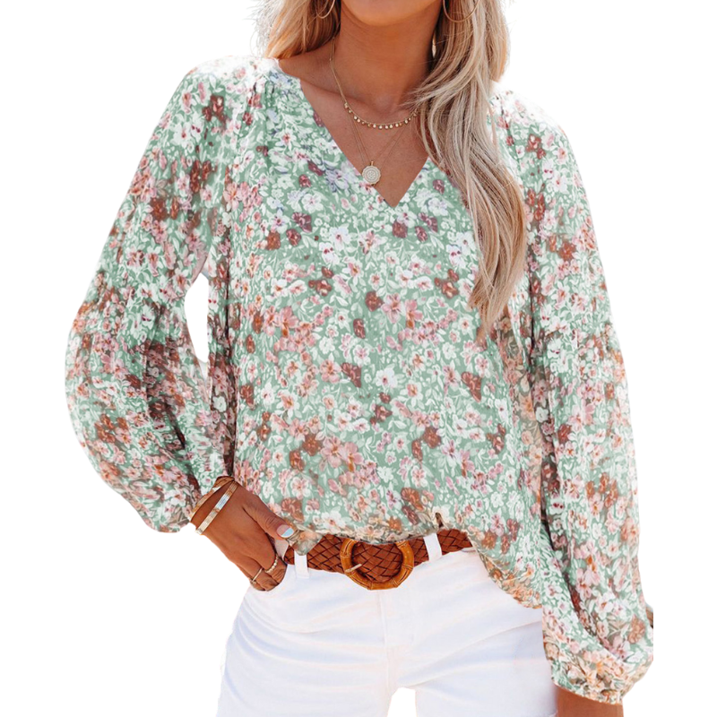 Floral Print Lantern Sleeves Shirt