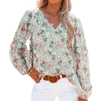 Floral Print Lantern Sleeves Shirt