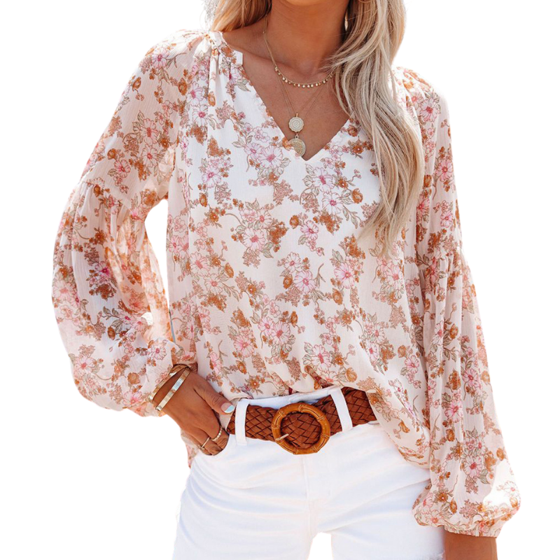 Floral Print Lantern Sleeves Shirt