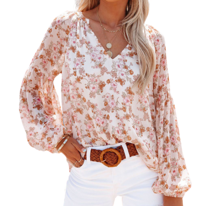 Floral Print Lantern Sleeves Shirt