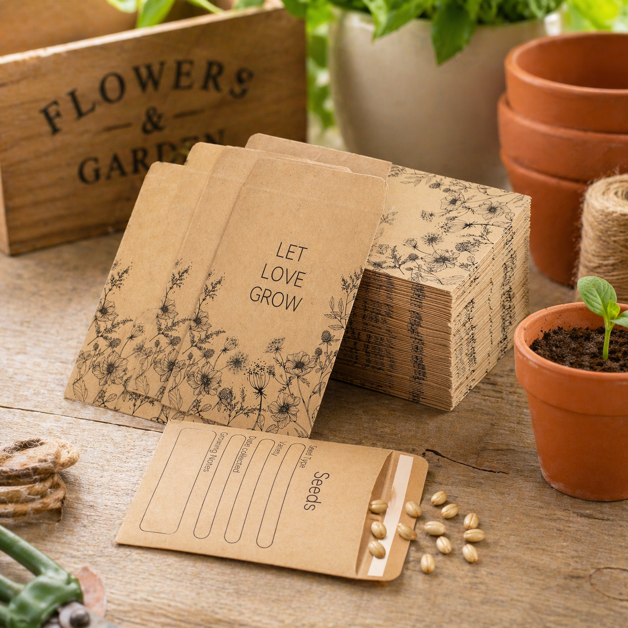50pcs Kraft Seed Envelopes With Binder Pocket Set