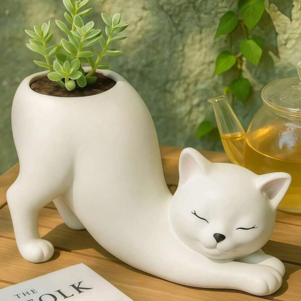 Cat Stretching Ceramic Planter For Indoor And Home Decor Display