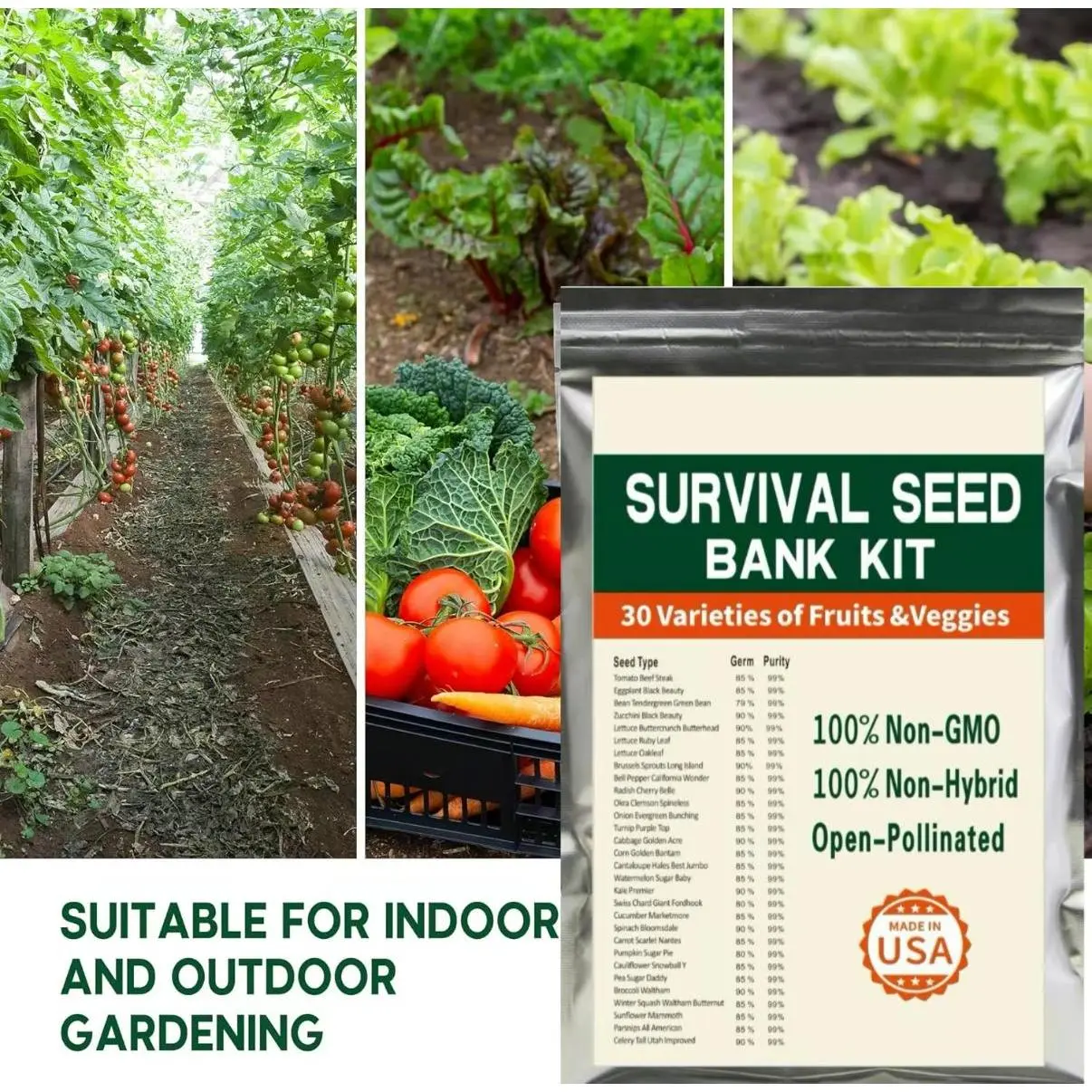 Open Seed Vault Non-GMO Heirloom Garden Vegetables Pack - 30 Varieties, 30,000 Natural Seeds for Gardening, Survival Gear Emergency Supplies Gift, Heirloom Seeds