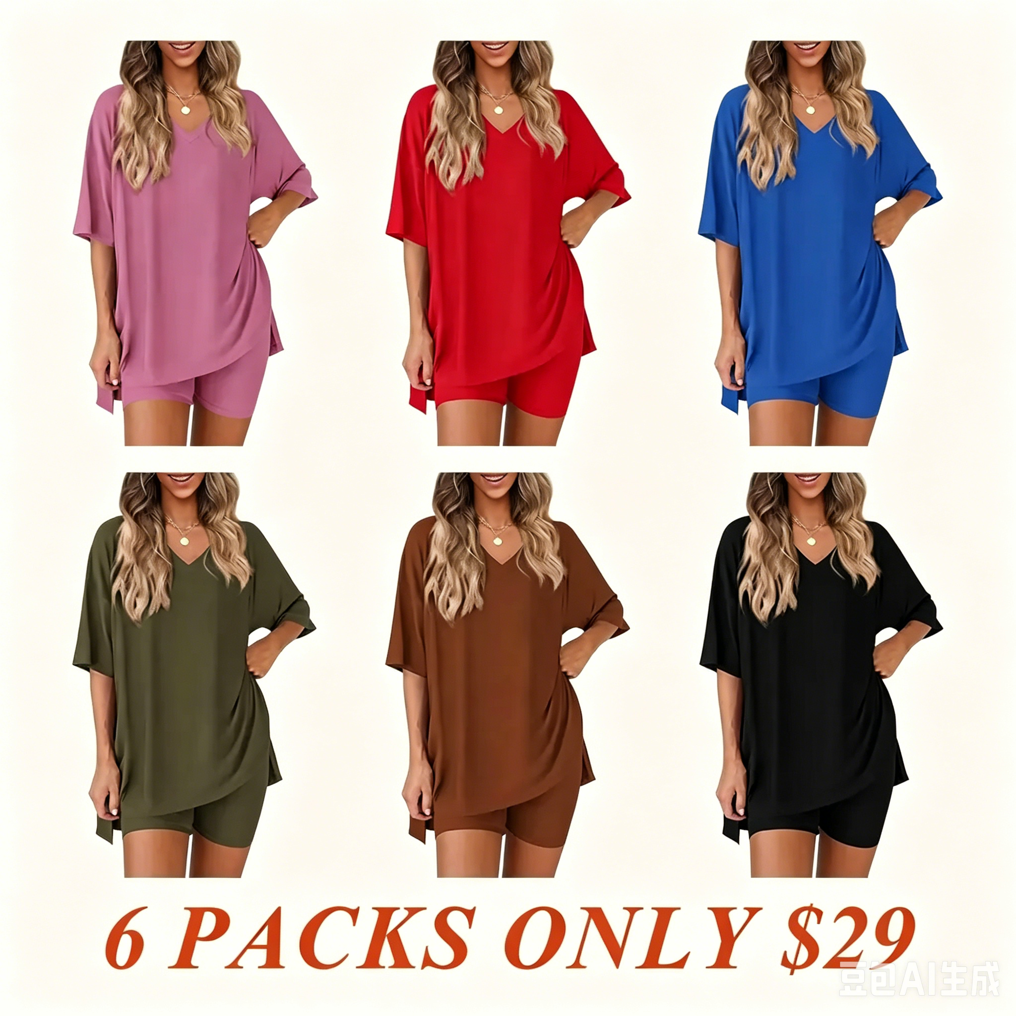 V Neck 2 Piece Sets for Women Summer Lounge Short Set Spring Matching Biker Shorts Oversized Shirt Clothing