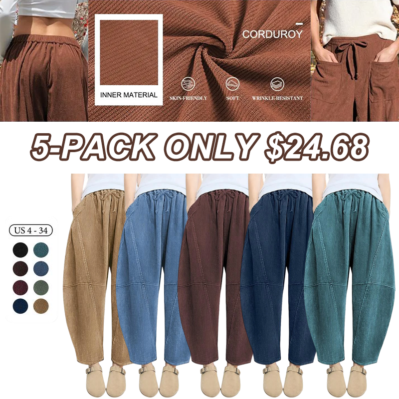 TARSE Women’s Corduroy Wide Leg Pants Baggy Minimalist Boho Pants Casual Elastic Waisted Palazzo Harem Pants with Pockets Trendy Barrel Trousers Halloween Womenswear Loose