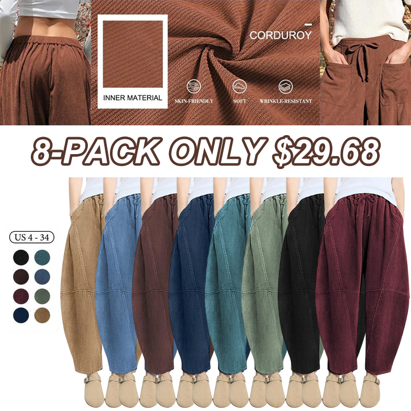 TARSE Women’s Corduroy Wide Leg Pants Baggy Minimalist Boho Pants Casual Elastic Waisted Palazzo Harem Pants with Pockets Trendy Barrel Trousers Halloween Womenswear Loose