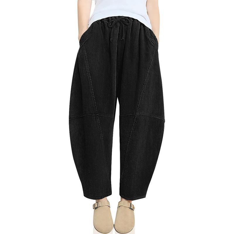 TARSE Women’s Corduroy Wide Leg Pants Baggy Minimalist Boho Pants Casual Elastic Waisted Palazzo Harem Pants with Pockets Trendy Barrel Trousers Halloween Womenswear Loose