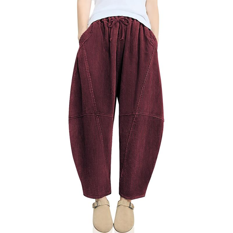 TARSE Women’s Corduroy Wide Leg Pants Baggy Minimalist Boho Pants Casual Elastic Waisted Palazzo Harem Pants with Pockets Trendy Barrel Trousers Halloween Womenswear Loose