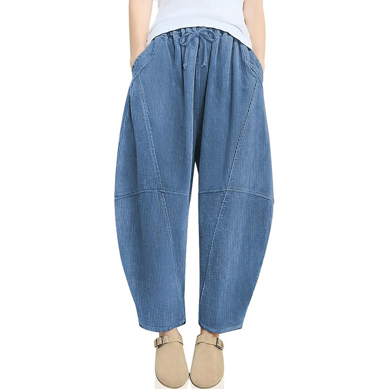 TARSE Women’s Corduroy Wide Leg Pants Baggy Minimalist Boho Pants Casual Elastic Waisted Palazzo Harem Pants with Pockets Trendy Barrel Trousers Halloween Womenswear Loose