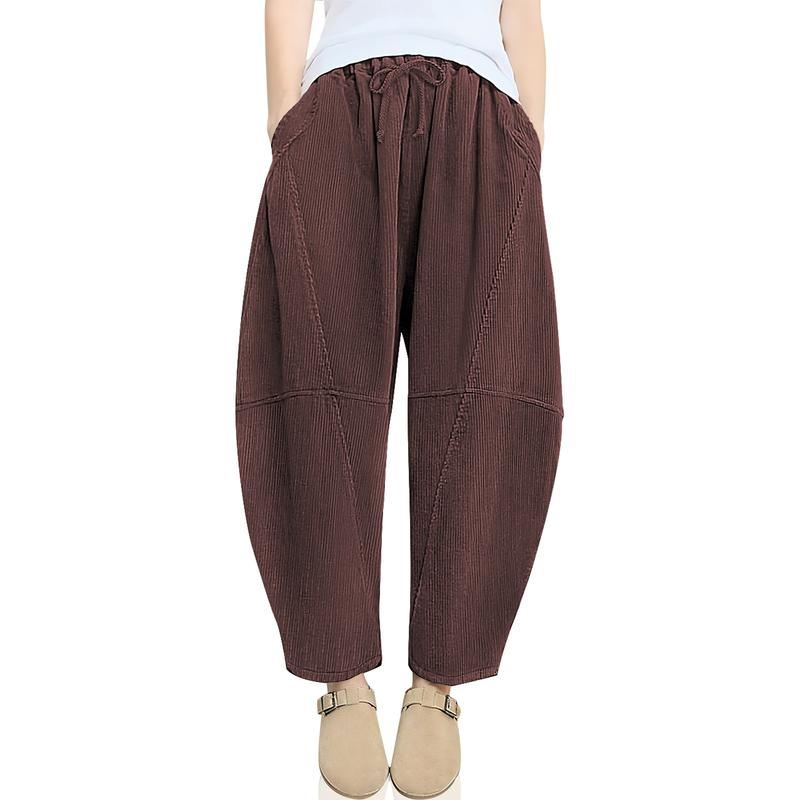 TARSE Women’s Corduroy Wide Leg Pants Baggy Minimalist Boho Pants Casual Elastic Waisted Palazzo Harem Pants with Pockets Trendy Barrel Trousers Halloween Womenswear Loose