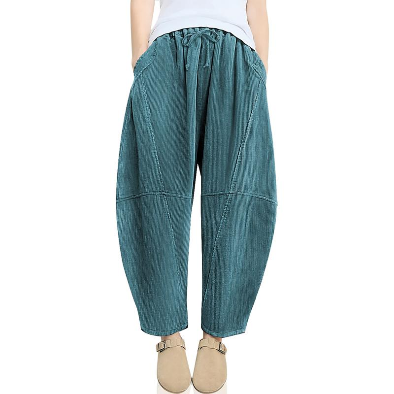 TARSE Women’s Corduroy Wide Leg Pants Baggy Minimalist Boho Pants Casual Elastic Waisted Palazzo Harem Pants with Pockets Trendy Barrel Trousers Halloween Womenswear Loose
