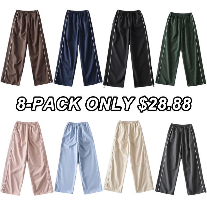 Ommig Women's Parachute Wideleg Pants Baggy Y2K Elastic Waist Wide Leg Track Pants Trousers Casual