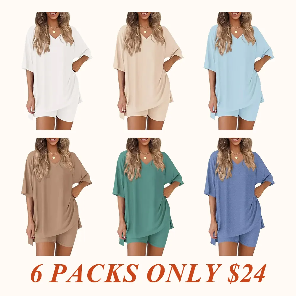 V Neck 2 Piece Sets for Women Summer Lounge Short Set Spring Matching Biker Shorts Oversized Shirt Clothing