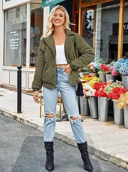 Women's Bomber Jacket Corduroy Ribbed Quilted Zip Up Long Sleeve Winter Coat Fall Outerwear Tops with Pockets ,PACKAGE SET