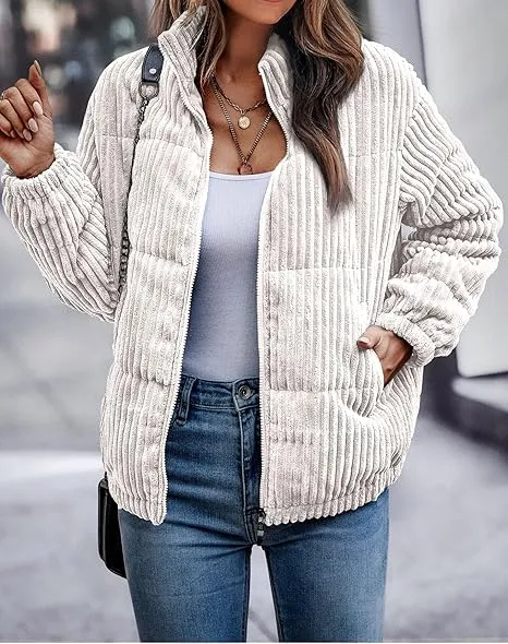 Women's Bomber Jacket Corduroy Ribbed Quilted Zip Up Long Sleeve Winter Coat Fall Outerwear Tops with Pockets ,PACKAGE SET