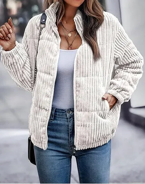 Women's Bomber Jacket Corduroy Ribbed Quilted Zip Up Long Sleeve Winter Coat Fall Outerwear Tops with Pockets ,PACKAGE SET