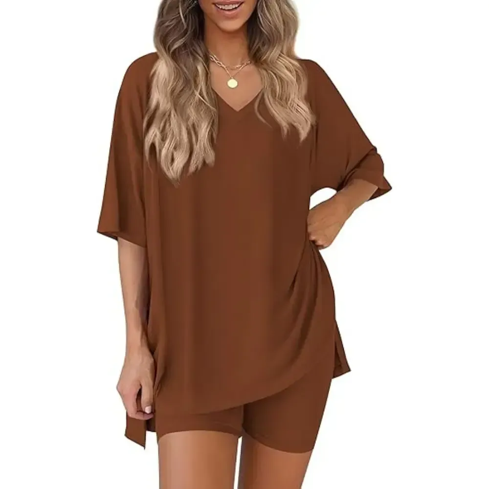 V Neck 2 Piece Sets for Women Summer Lounge Short Set Spring Matching Biker Shorts Oversized Shirt Clothing