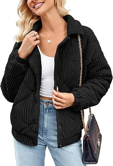 Women's Bomber Jacket Corduroy Ribbed Quilted Zip Up Long Sleeve Winter Coat Fall Outerwear Tops with Pockets ,PACKAGE SET