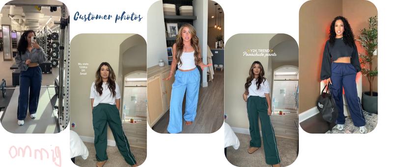 Ommig Women's Parachute Wideleg Pants Baggy Y2K Elastic Waist Wide Leg Track Pants Trousers Casual