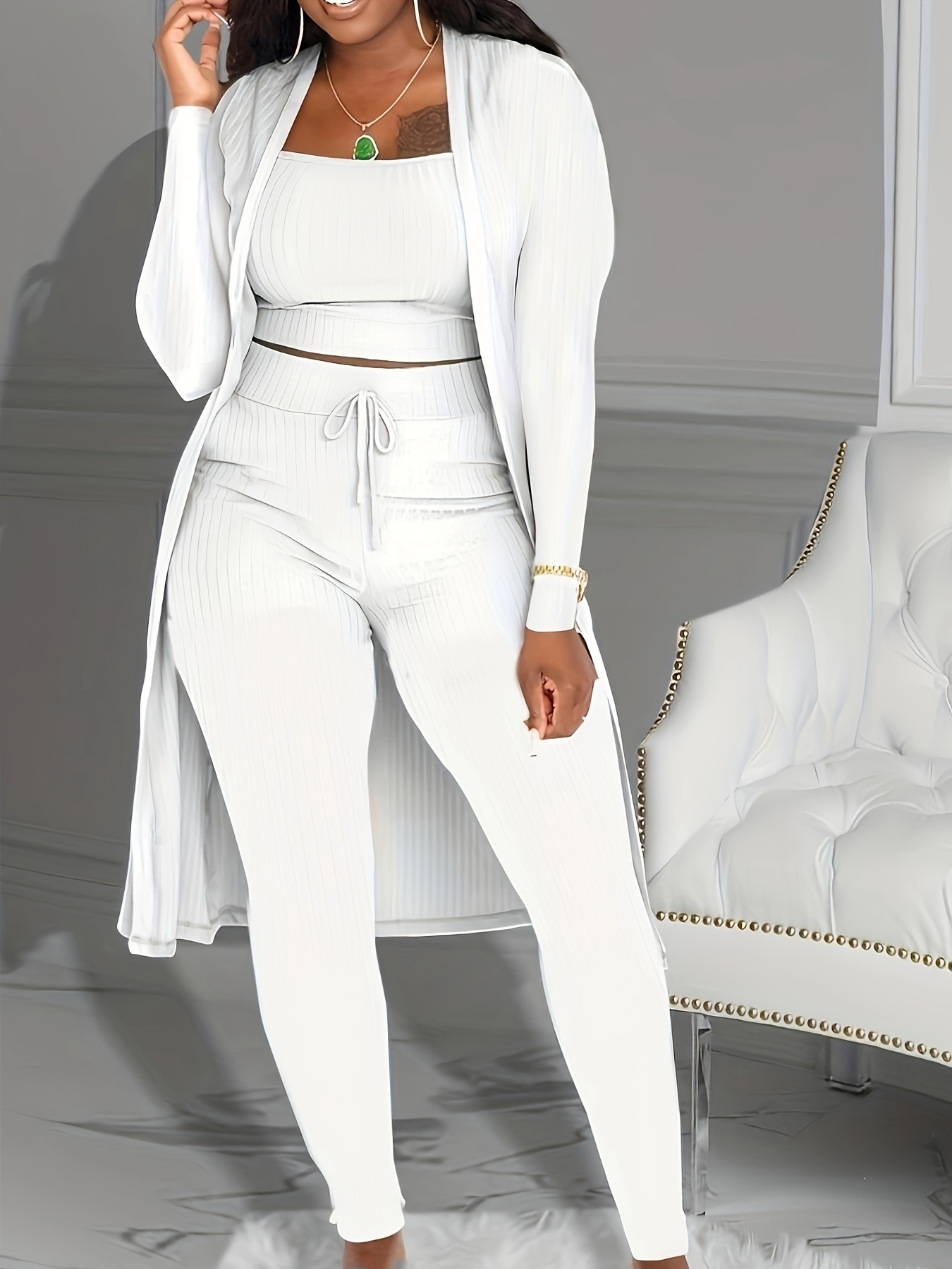 Women 3 Piece Wide Leg Pants Set Casual Long Sleeve Jacket Cardigan With Solid Tank Pants Set Dinner Suit Women