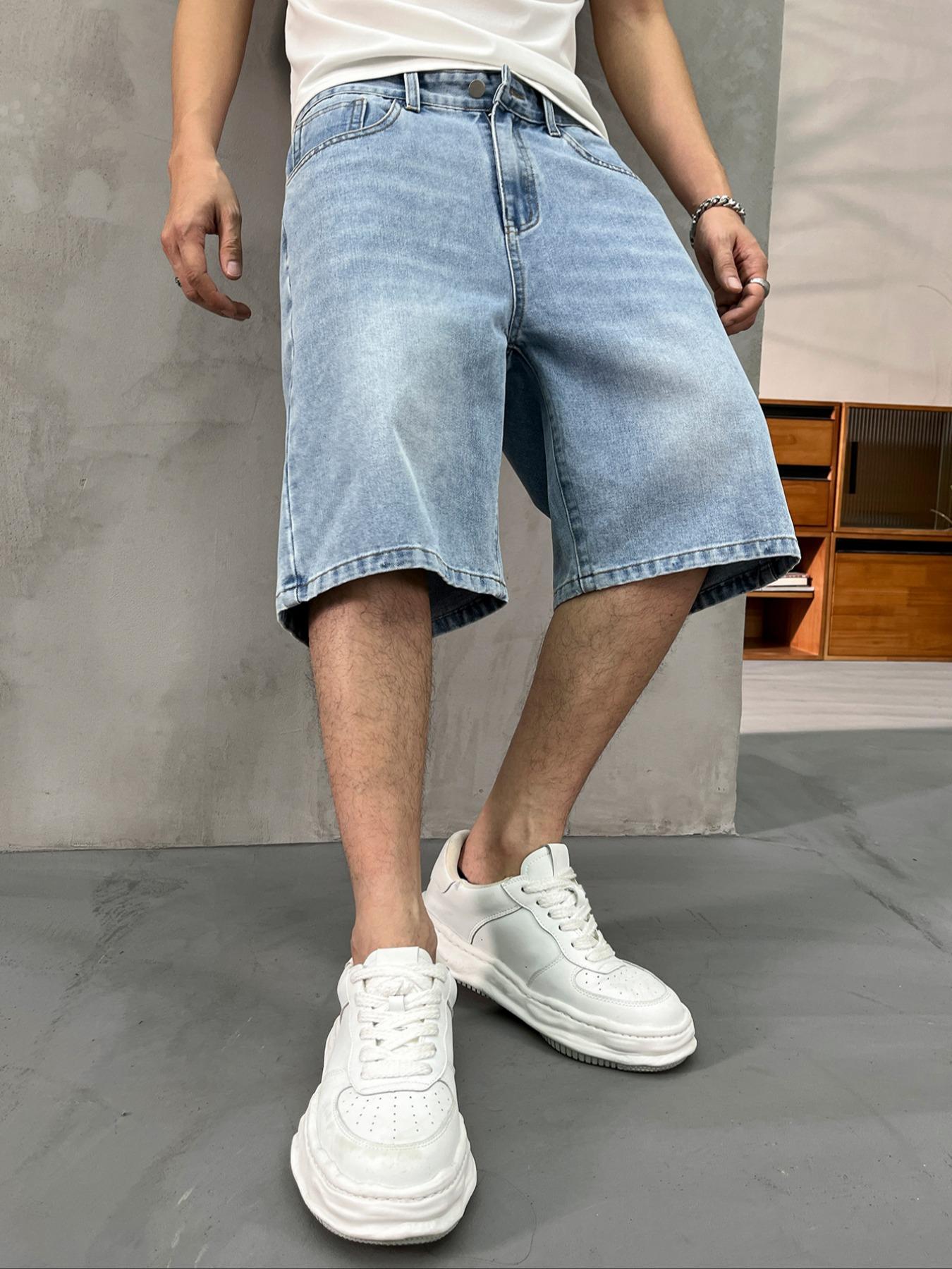 Men's washed retro color denim shorts, trendy, versatile, loose straight-leg casual streetwear denim five-point pants